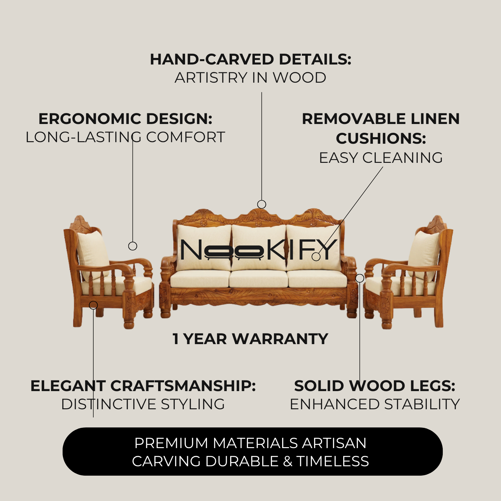 Nookify Acacia wood Carved 5 Seater Teak Finish sofa set