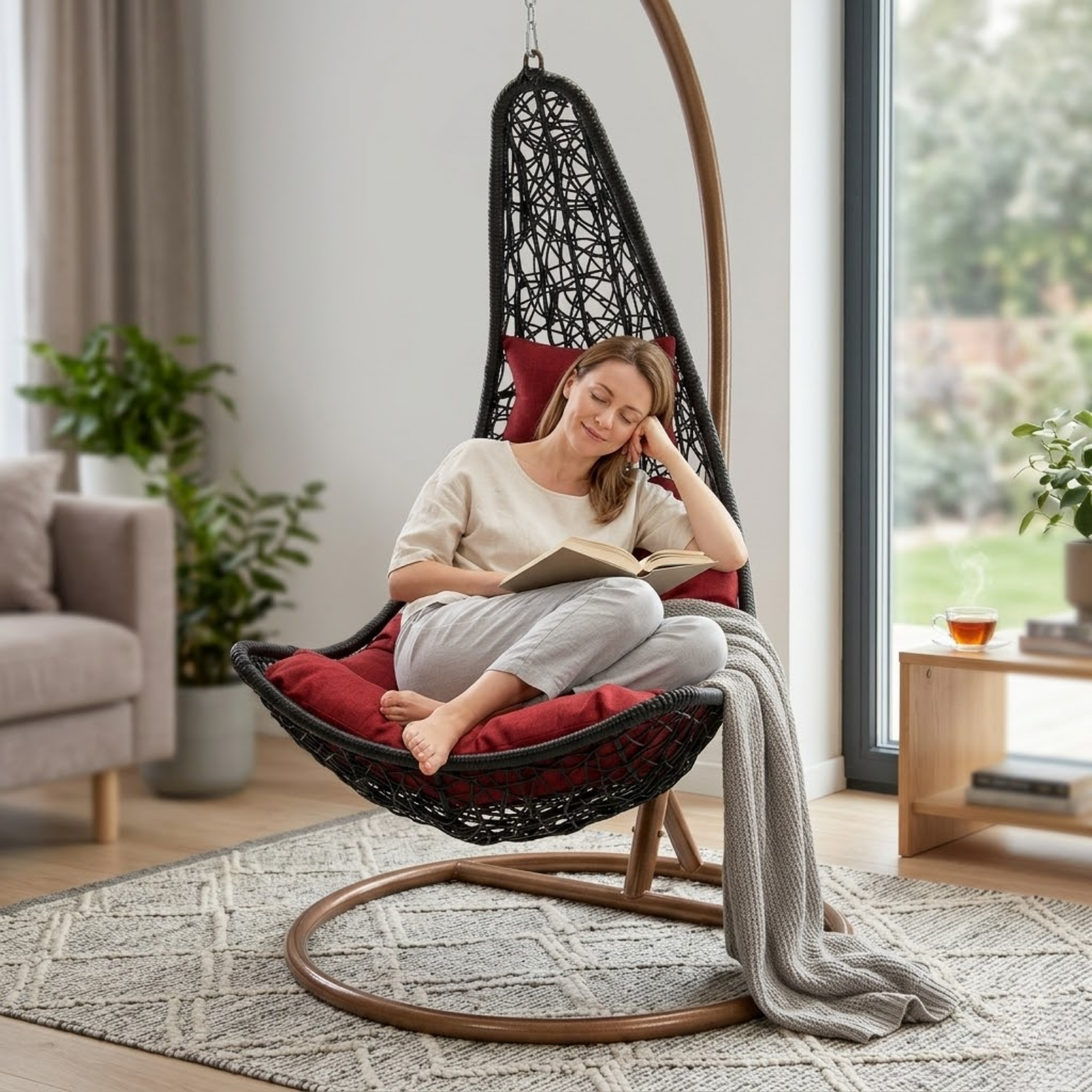 Iron Frame L-Shaped Swing Chair With Stand