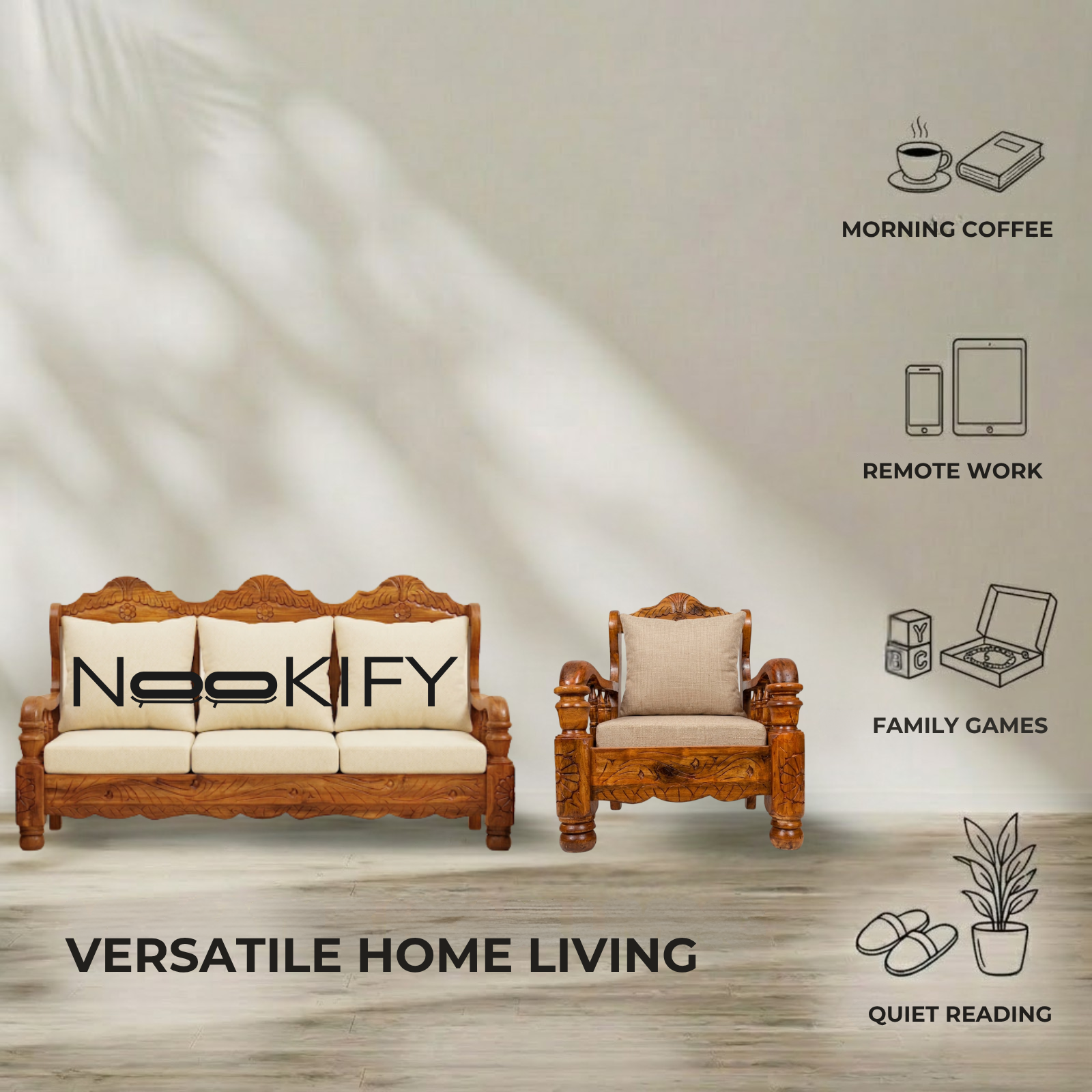 Nookify Acacia wood Carved 5 Seater Teak Finish sofa set