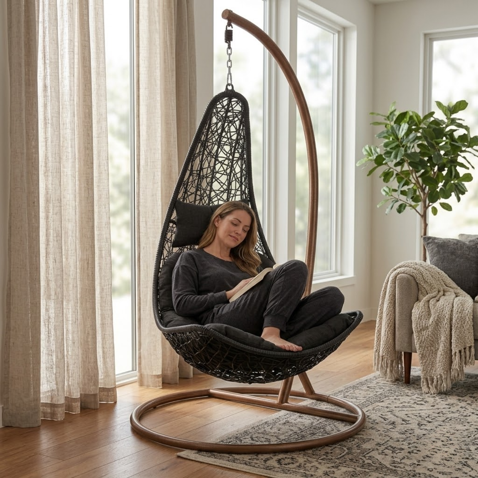 Iron Frame L-Shaped Swing Chair With Stand