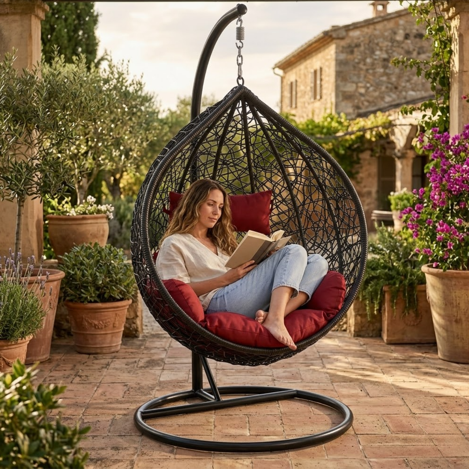 Iron Frame Oval-Shaped Swing Chair with Stand