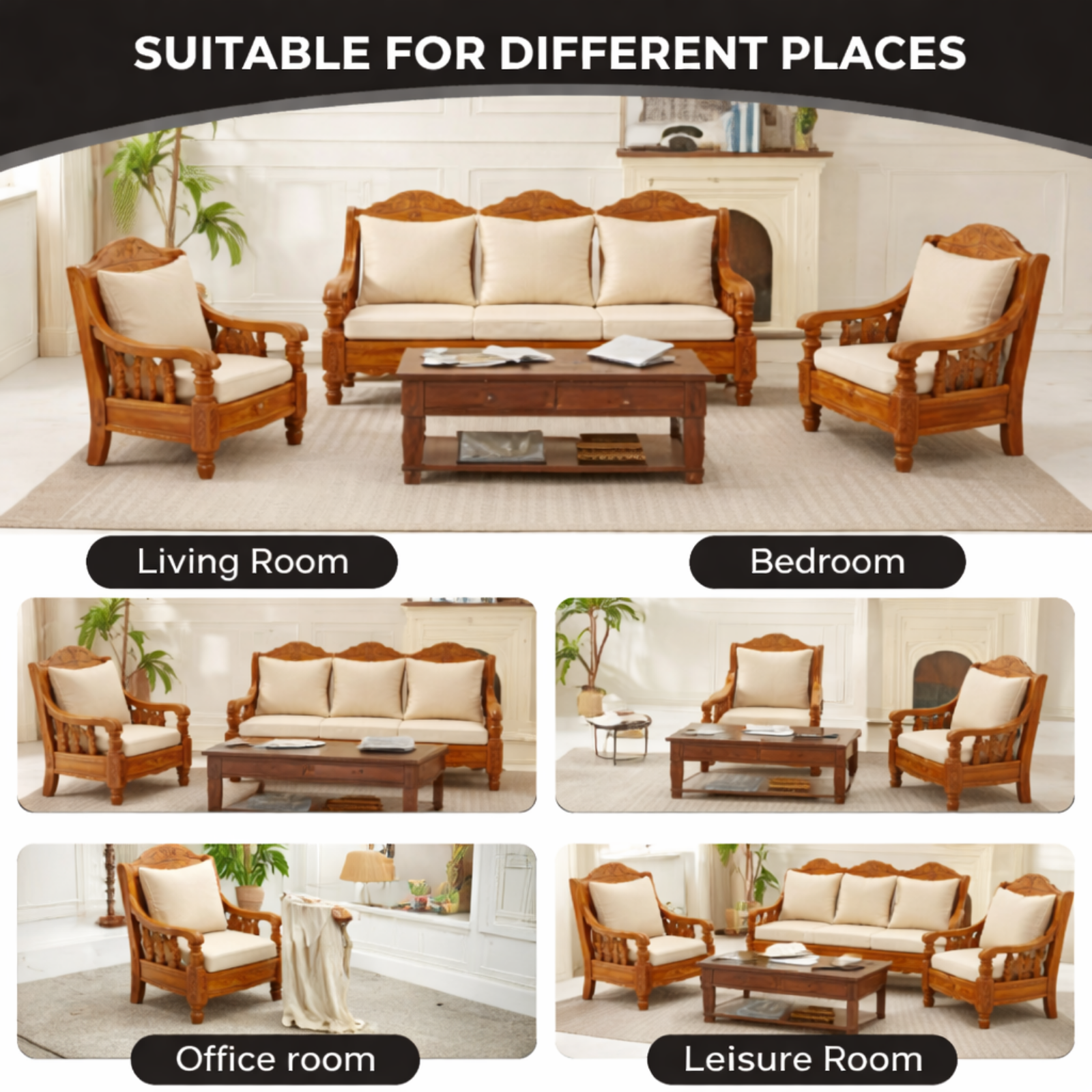 Nookify Acacia wood Carved 5 Seater Teak Finish sofa set