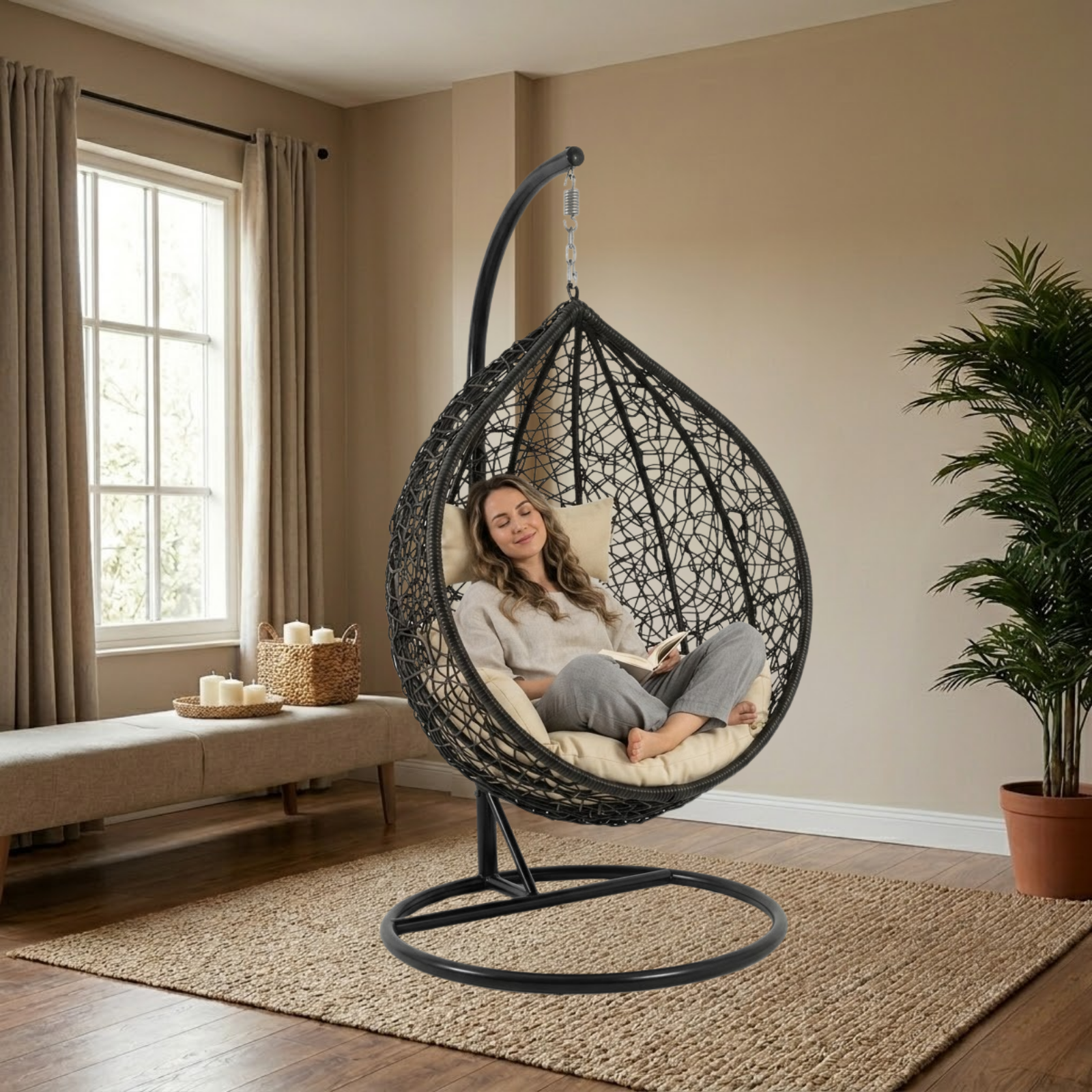 Iron Frame Oval-Shaped Swing Chair with Stand