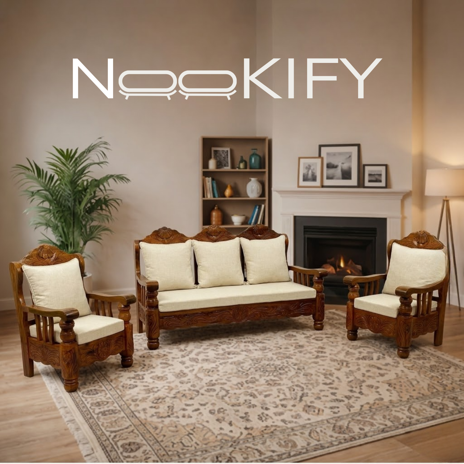 Nookify Acacia wood Carved 5 Seater Teak Finish sofa set