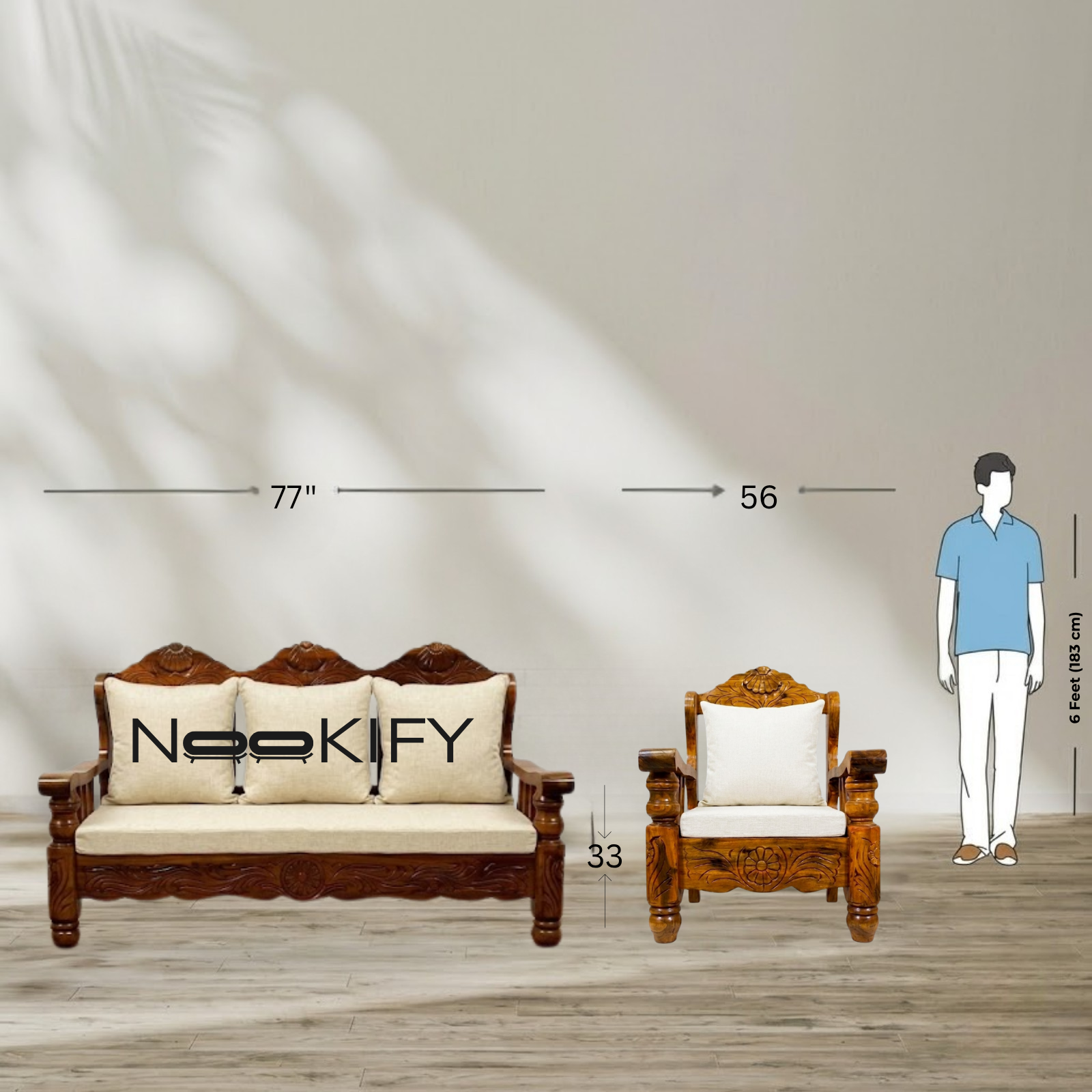 Nookify Acacia wood Carved 5 Seater Teak Finish sofa set