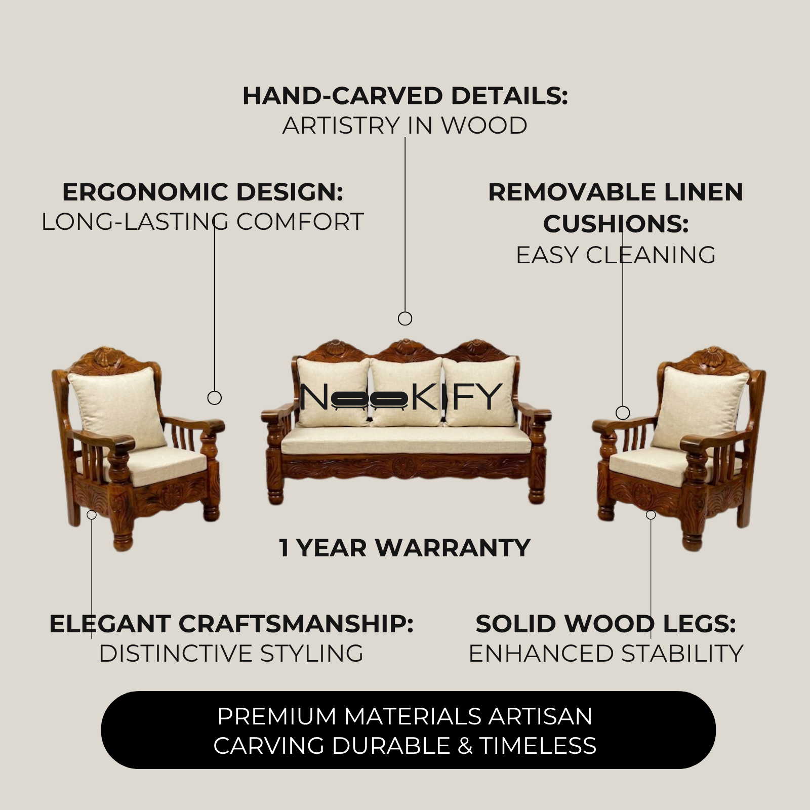 Nookify Acacia wood Carved 5 Seater Teak Finish sofa set