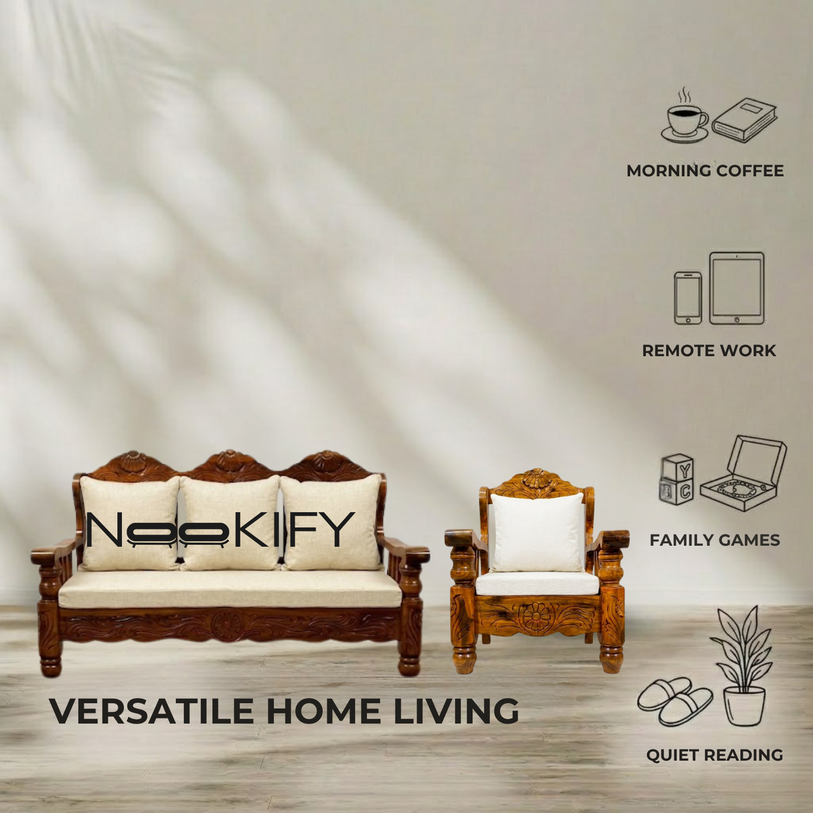 Nookify Acacia wood Carved 5 Seater Teak Finish sofa set