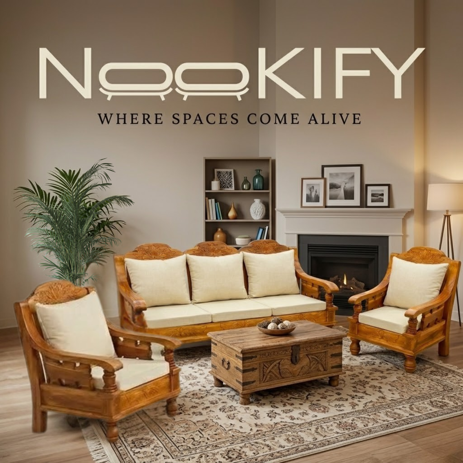 Nookify Acacia wood Carved 5 Seater Teak Finish sofa set