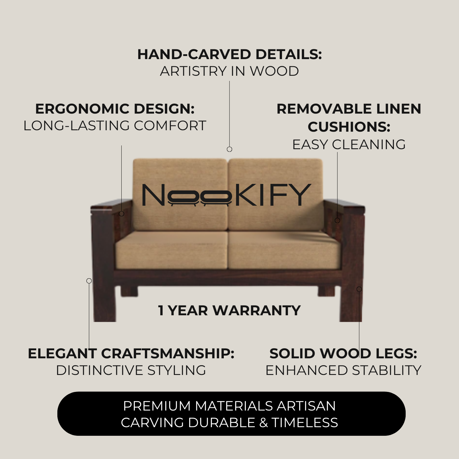 Nookify Acacia wood Plain 2 Seater Teak Finish sofa set