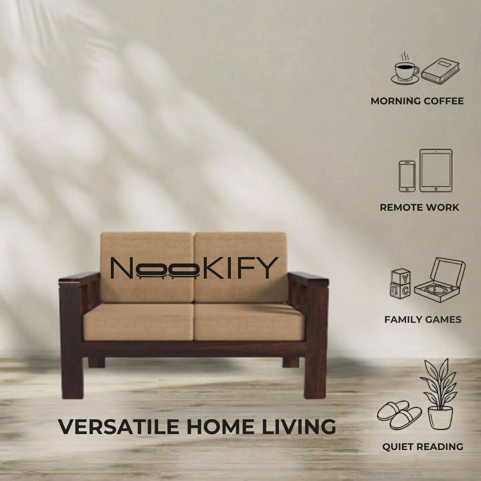 Nookify Acacia wood Plain 2 Seater Teak Finish sofa set