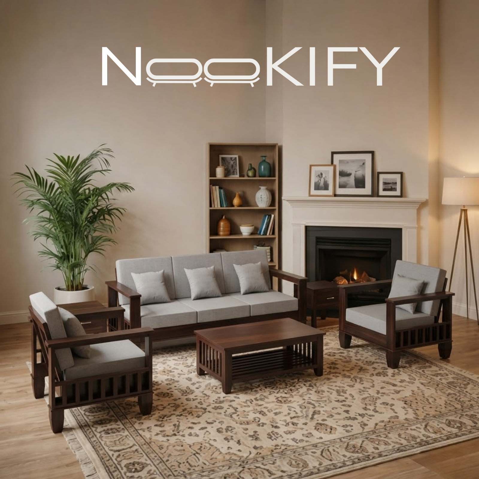 Nookify Acacia wood Plain 5 Seater Teak Finish sofa set