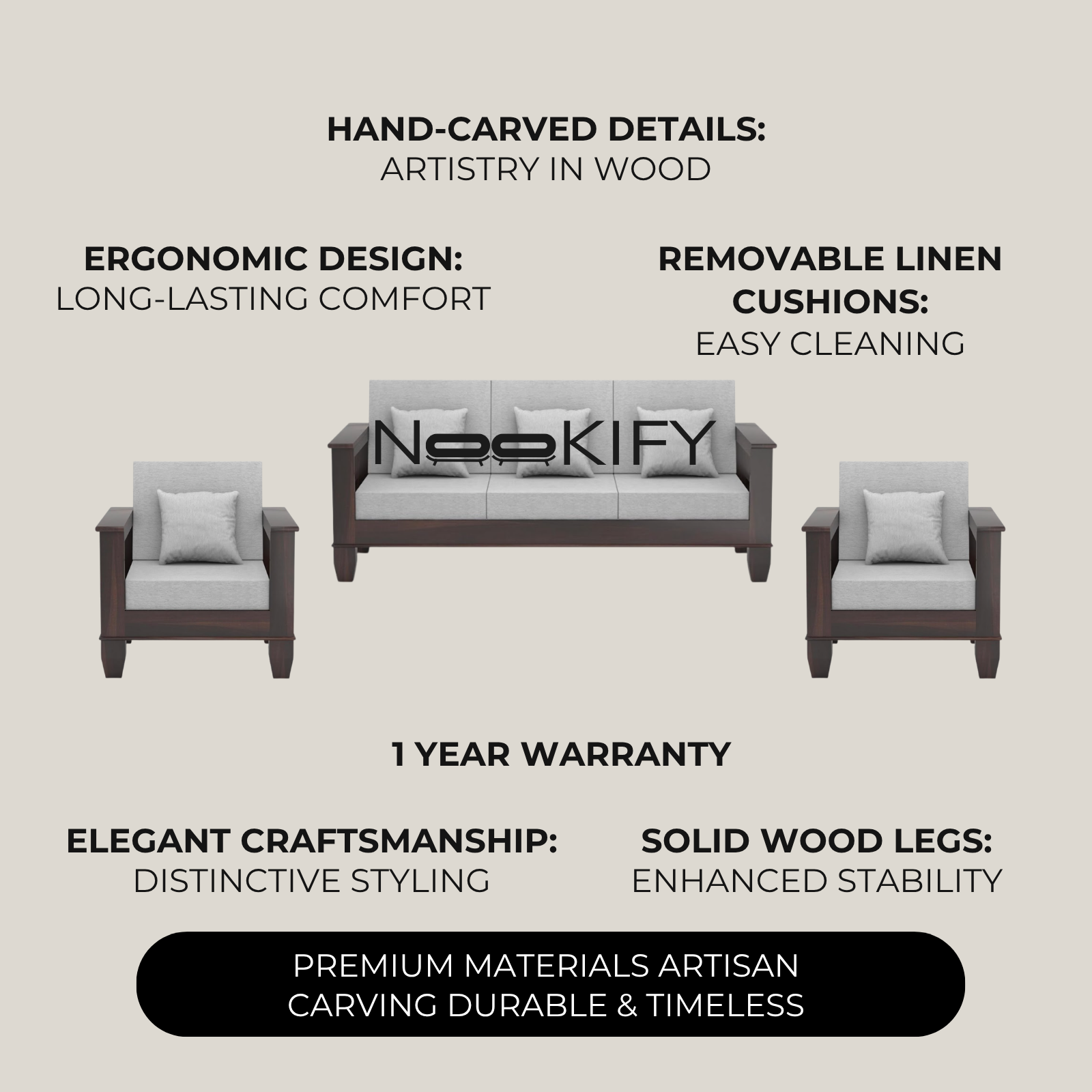Nookify Acacia wood Plain 5 Seater Teak Finish sofa set