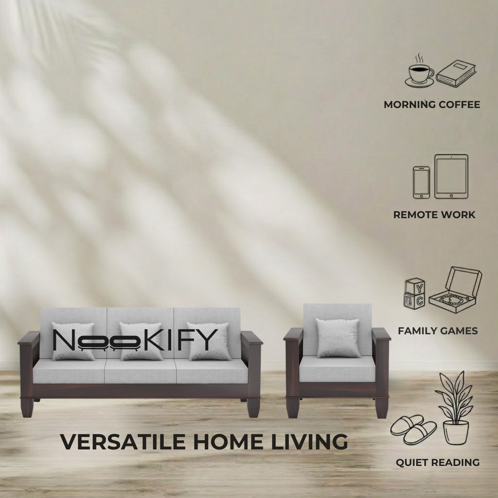 Nookify Acacia wood Plain 5 Seater Teak Finish sofa set