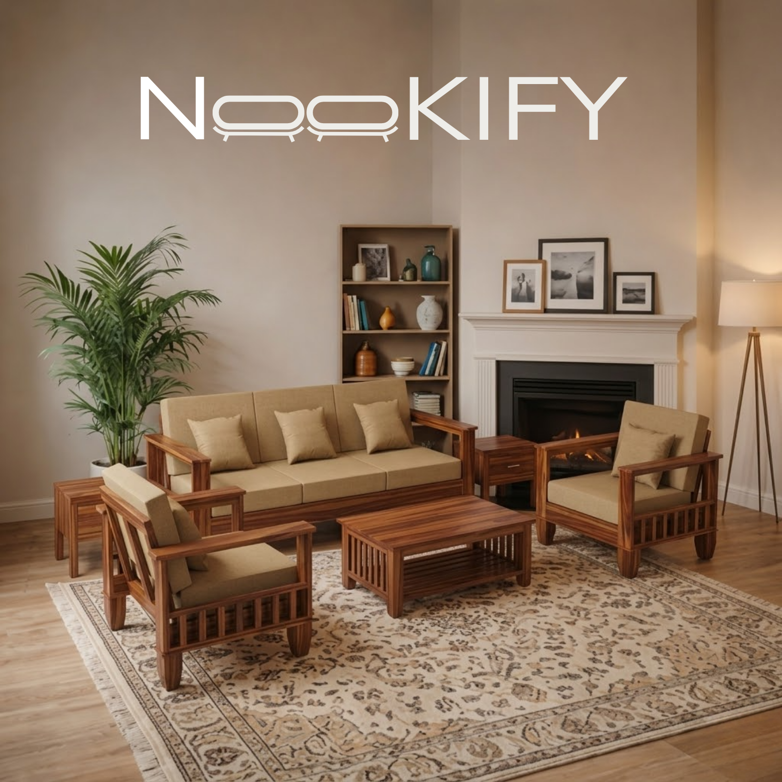 Nookify Acacia wood Plain 5 Seater Teak Finish sofa set
