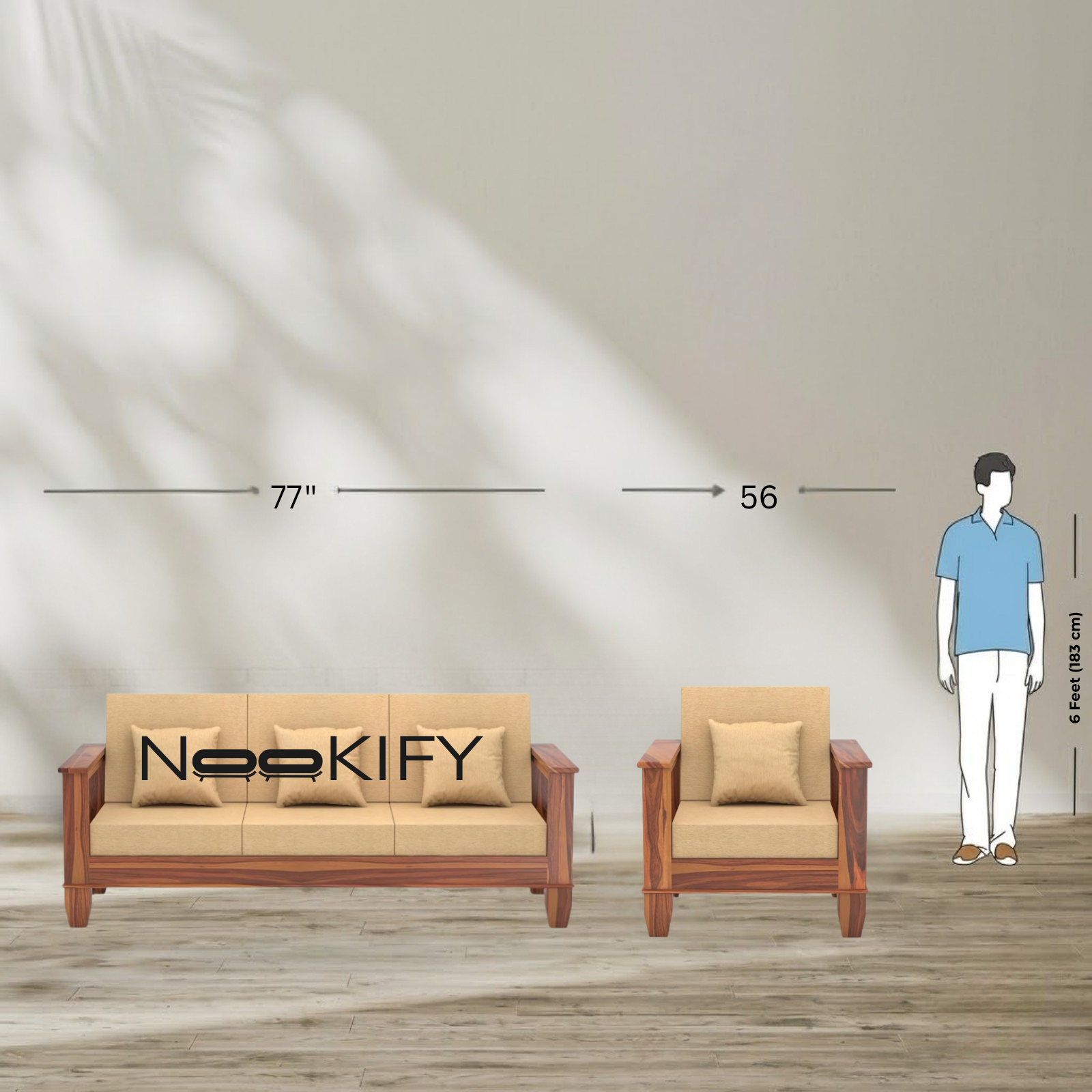 Nookify Acacia wood Plain 5 Seater Teak Finish sofa set