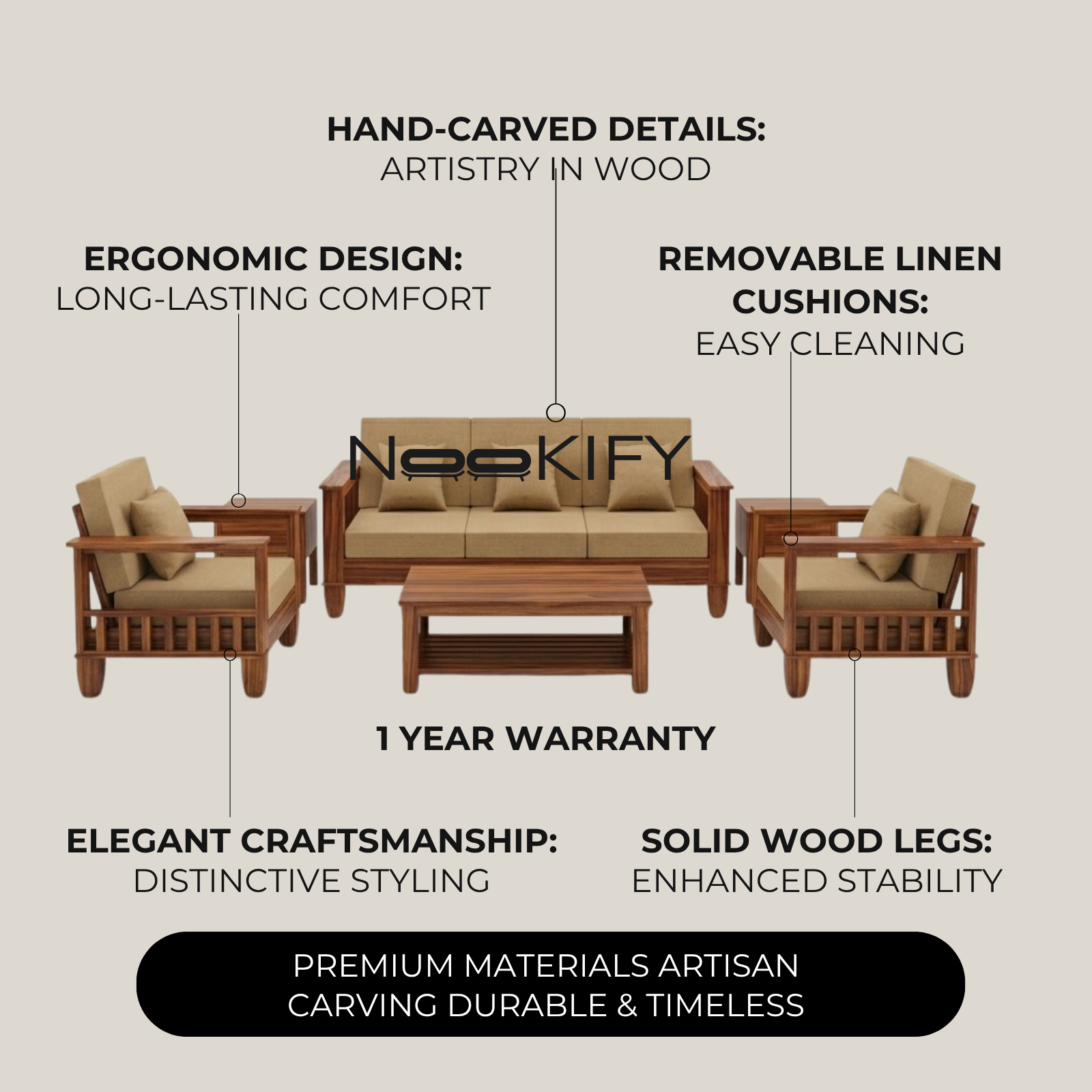 Nookify Acacia wood Plain 5 Seater Teak Finish sofa set