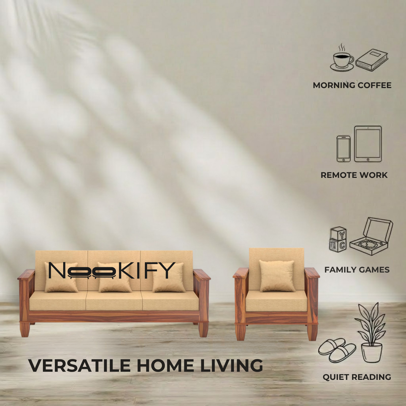 Nookify Acacia wood Plain 5 Seater Teak Finish sofa set