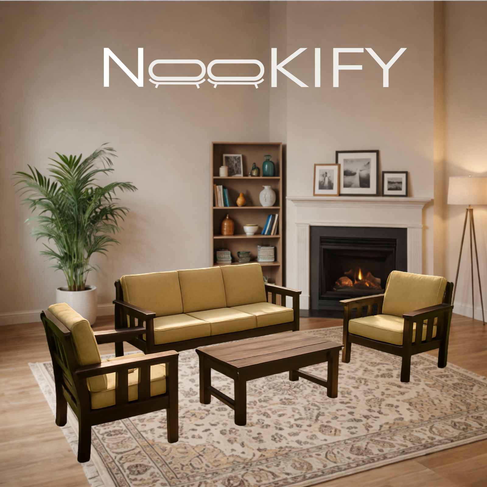 Nookify Acacia wood Plain 5 Seater Teak Finish sofa set
