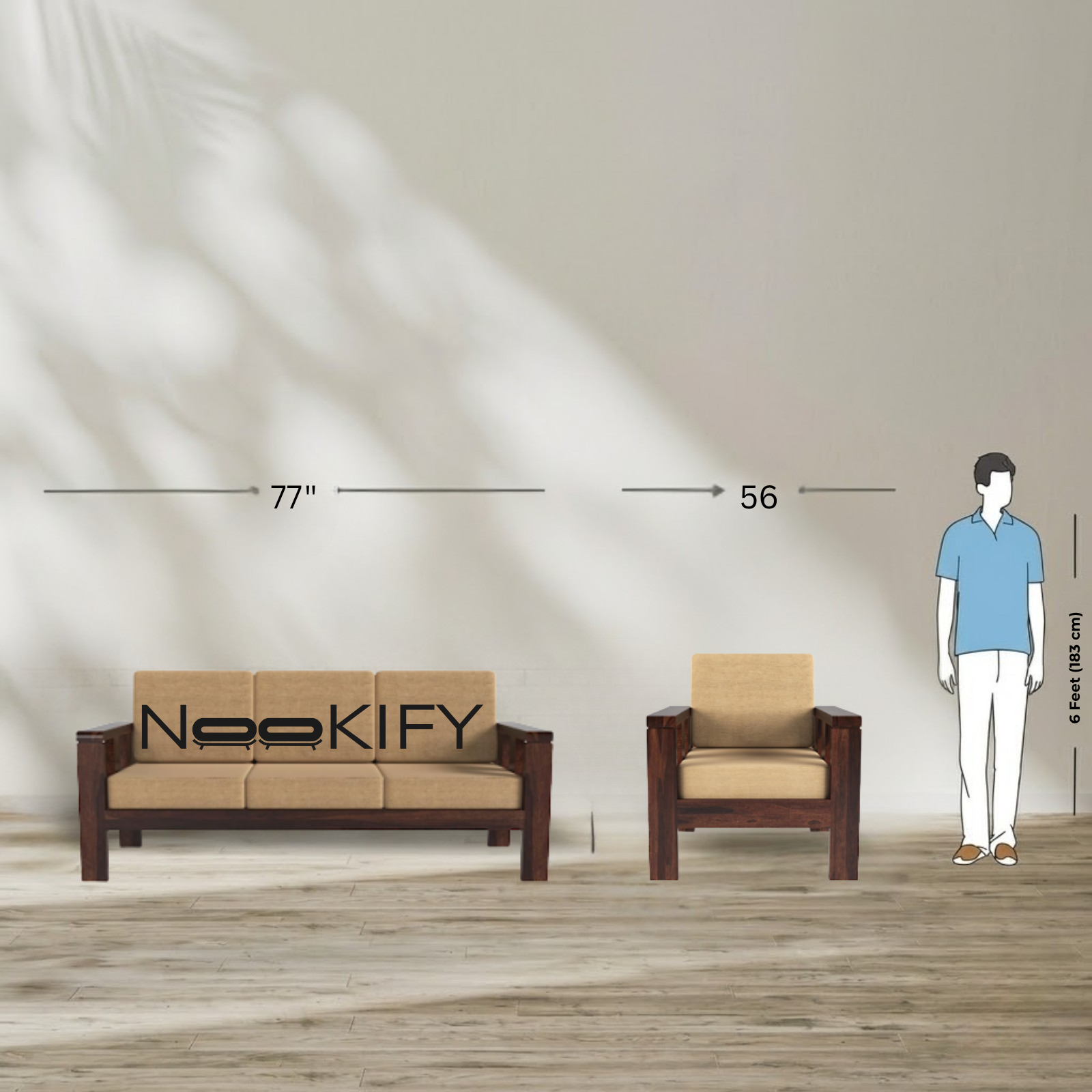 Nookify Acacia wood Plain 5 Seater Teak Finish sofa set