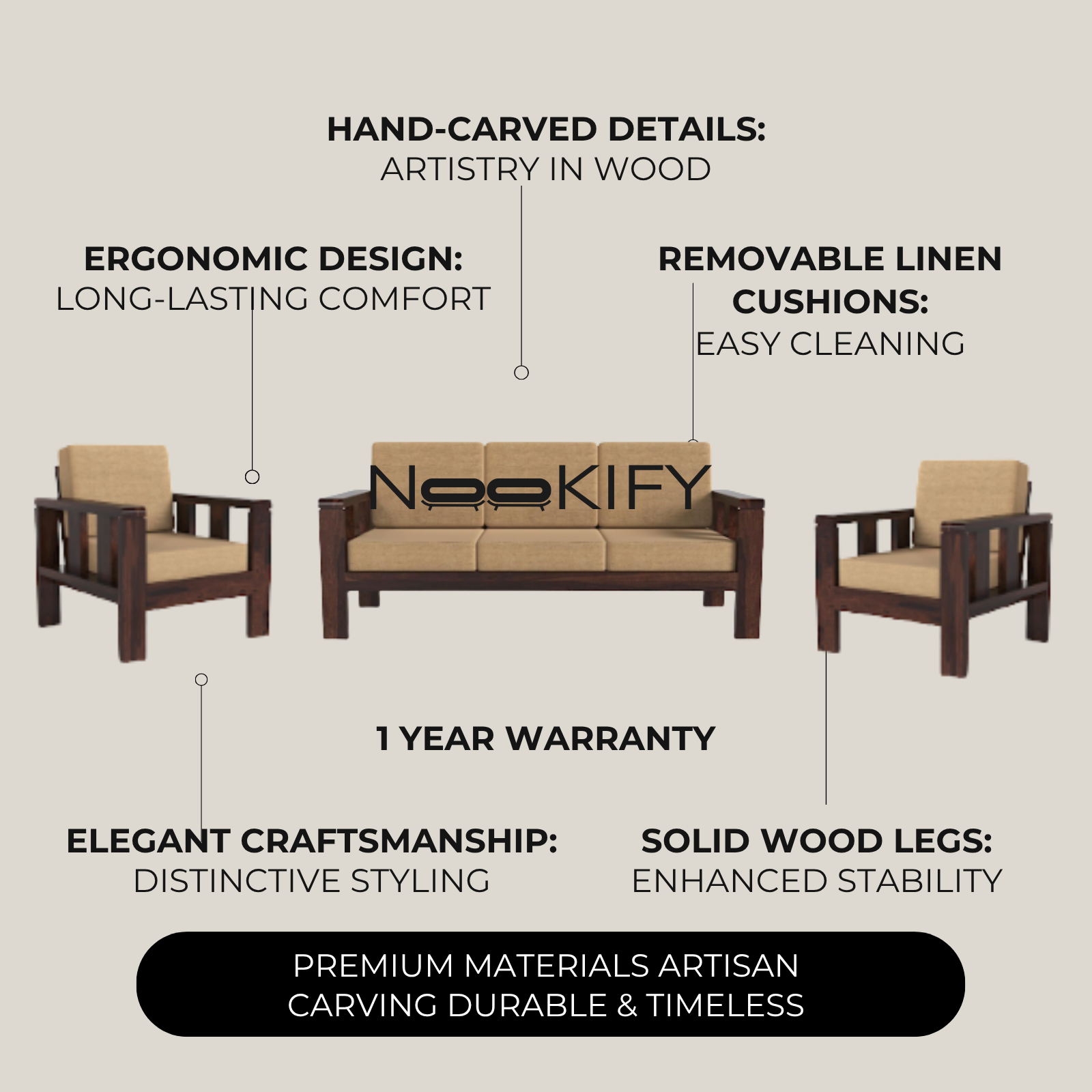 Nookify Acacia wood Plain 5 Seater Teak Finish sofa set