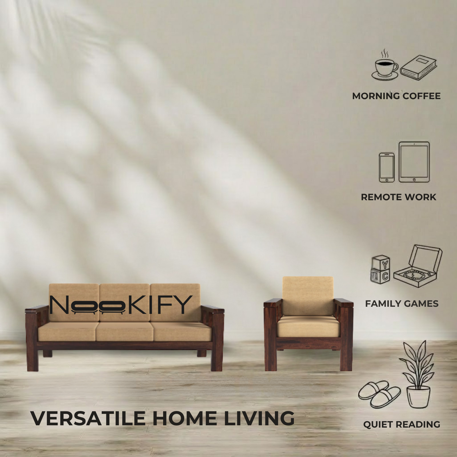 Nookify Acacia wood Plain 5 Seater Teak Finish sofa set