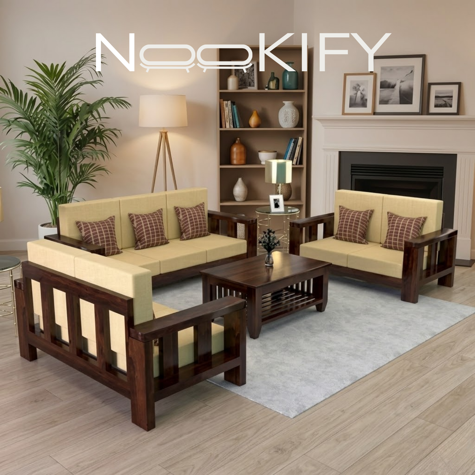Nookify Acacia wood Plain 7 Seater Teak Finish sofa set
