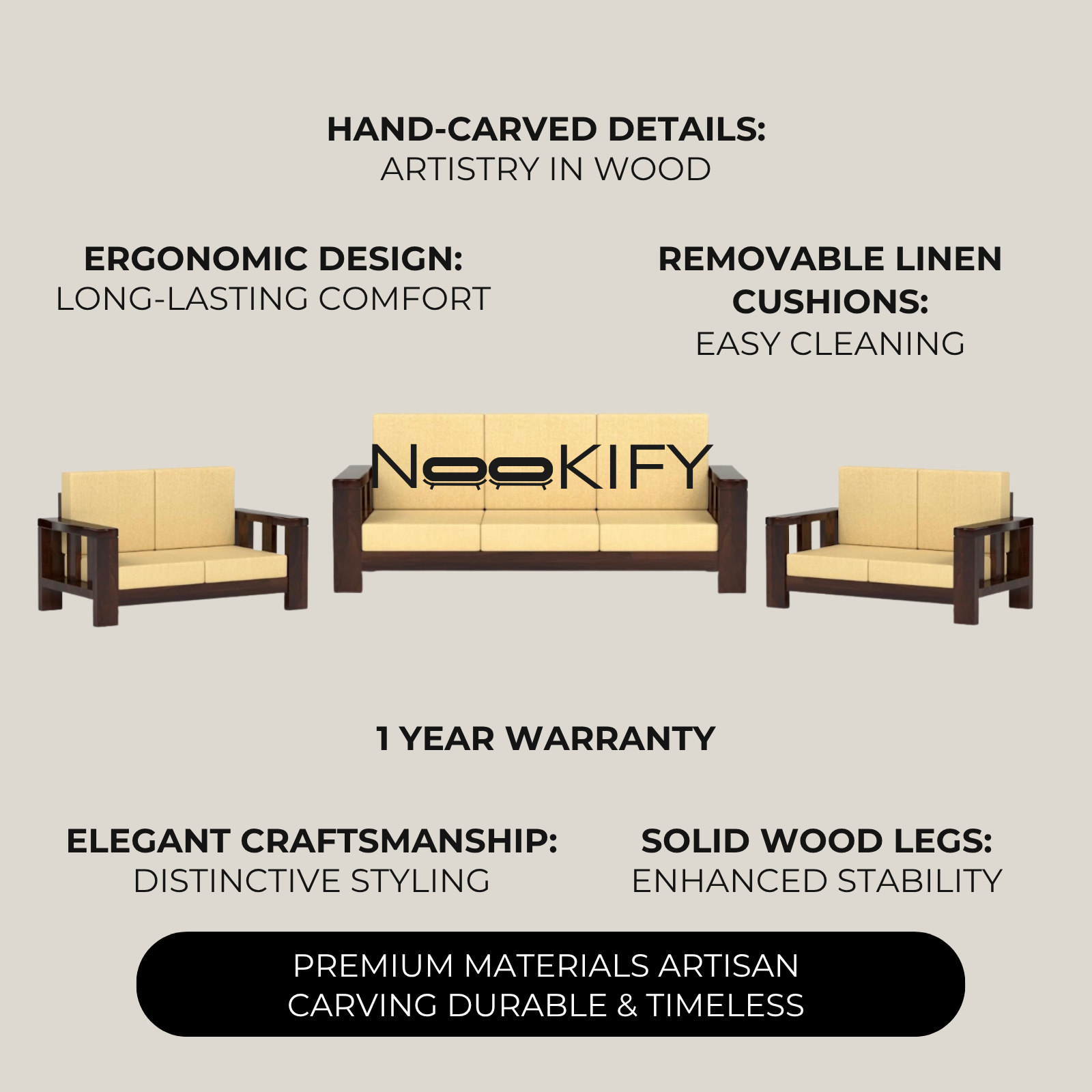 Nookify Acacia wood Plain 7 Seater Teak Finish sofa set