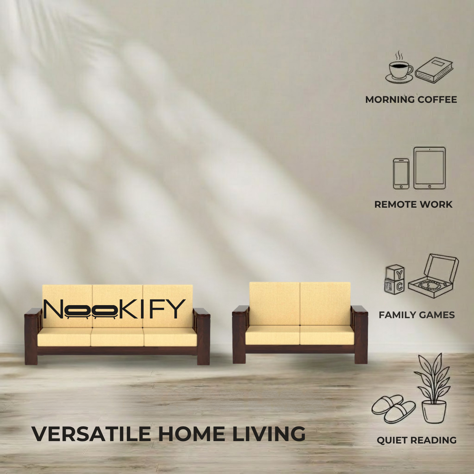 Nookify Acacia wood Plain 7 Seater Teak Finish sofa set
