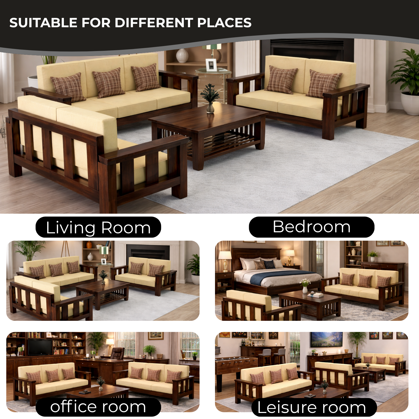 Nookify Acacia wood Plain 7 Seater Teak Finish sofa set