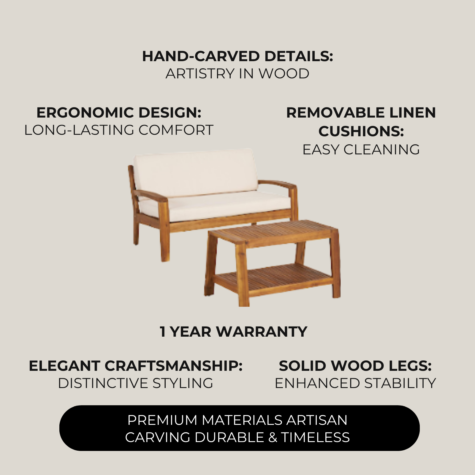 Acacia Wood Plain 2-Seater Sofa