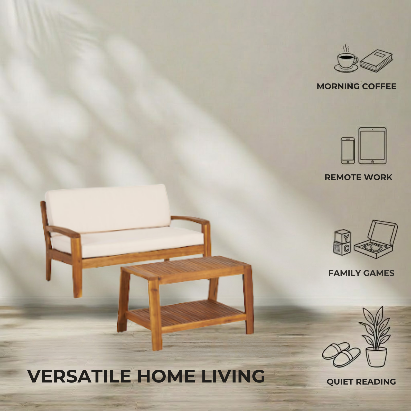 Acacia Wood Plain 2-Seater Sofa