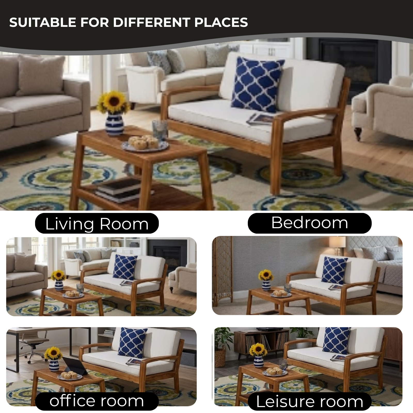 Acacia Wood Plain 2-Seater Sofa