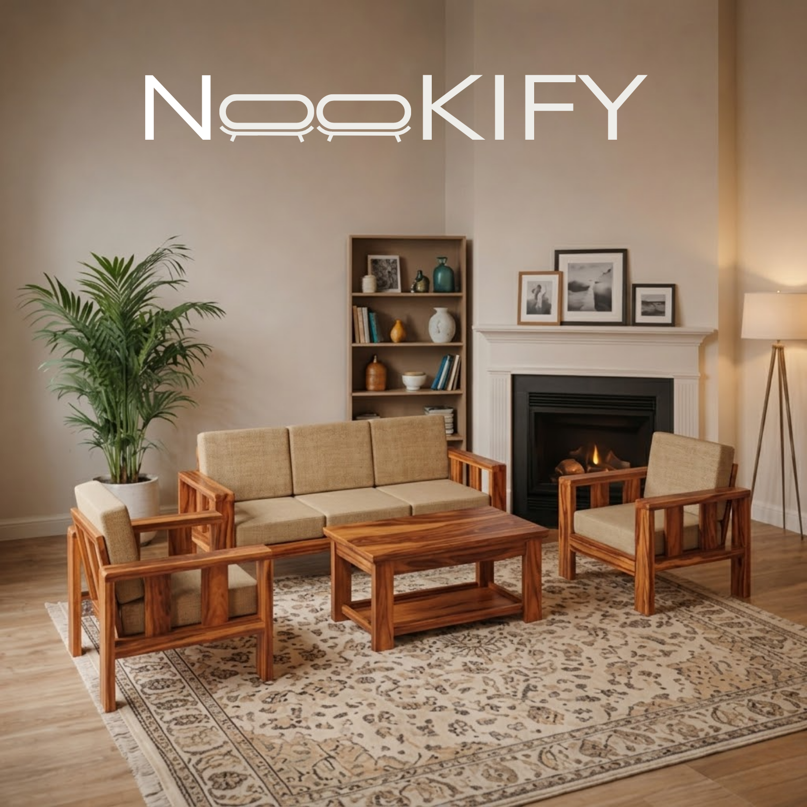 Nookify Acacia wood Plain 5 Seater Teak Finish sofa set