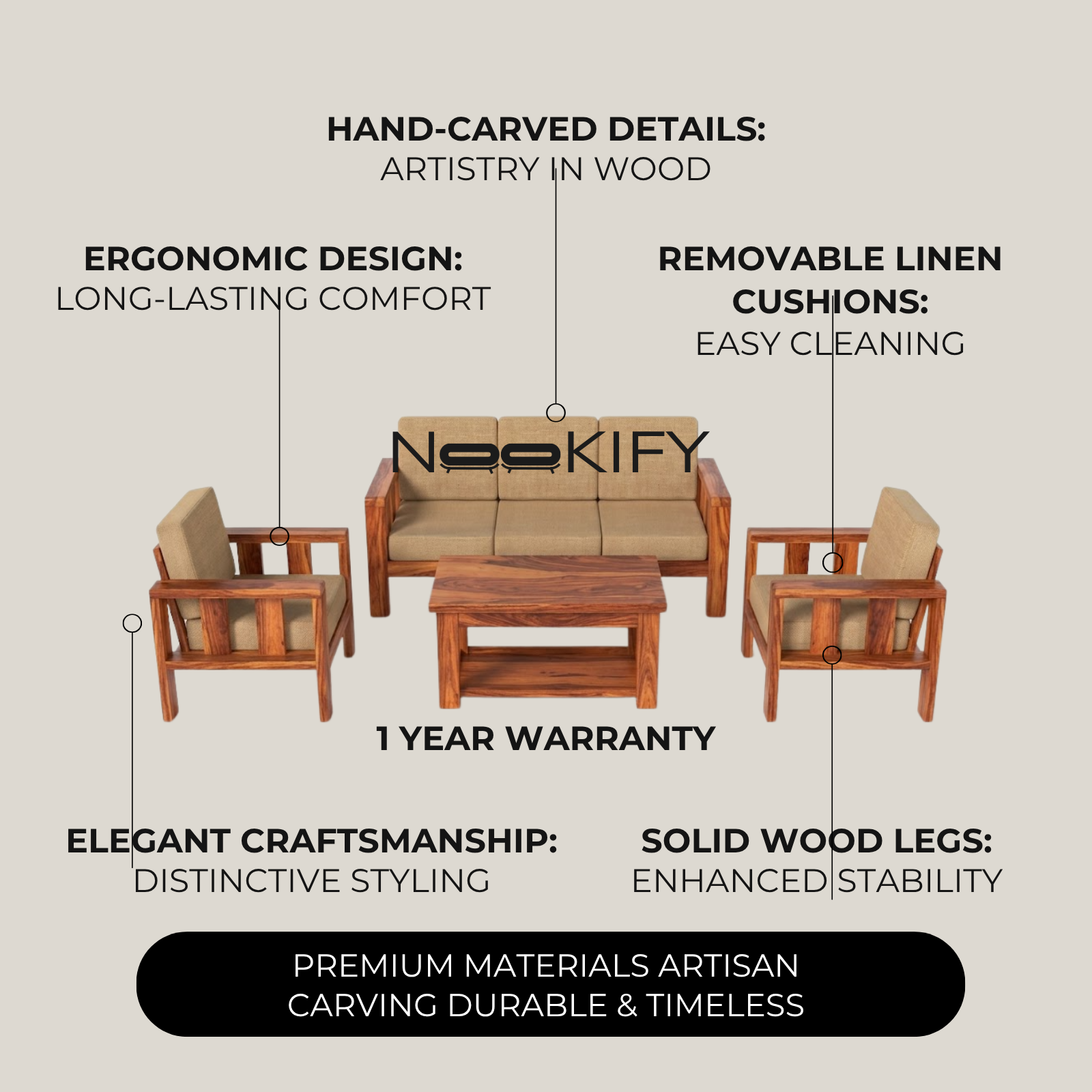 Nookify Acacia wood Plain 5 Seater Teak Finish sofa set