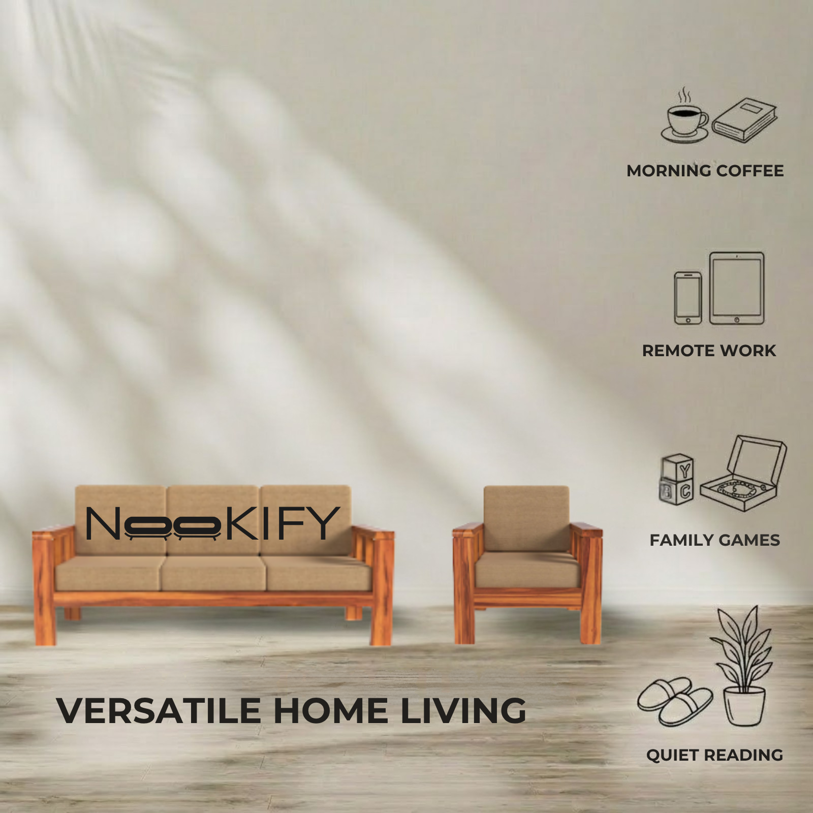 Nookify Acacia wood Plain 5 Seater Teak Finish sofa set