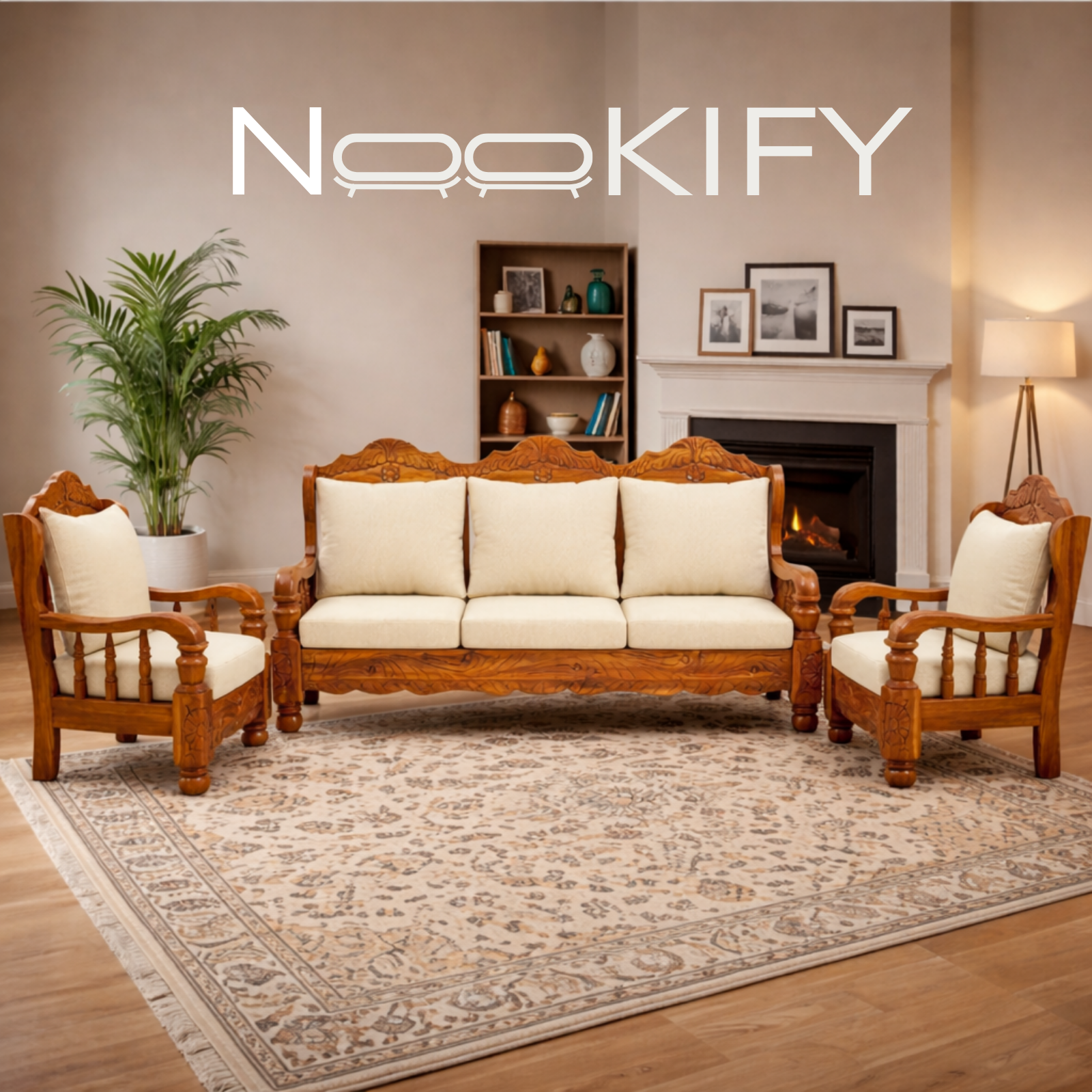 Nookify Acacia wood Carved 5 Seater Teak Finish sofa set