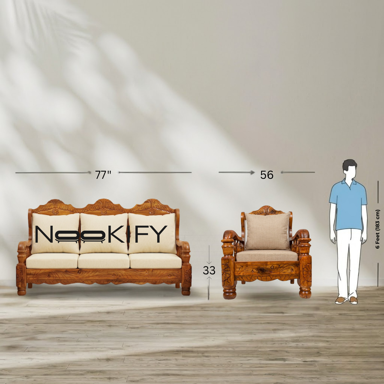 Nookify Acacia wood Carved 5 Seater Teak Finish sofa set
