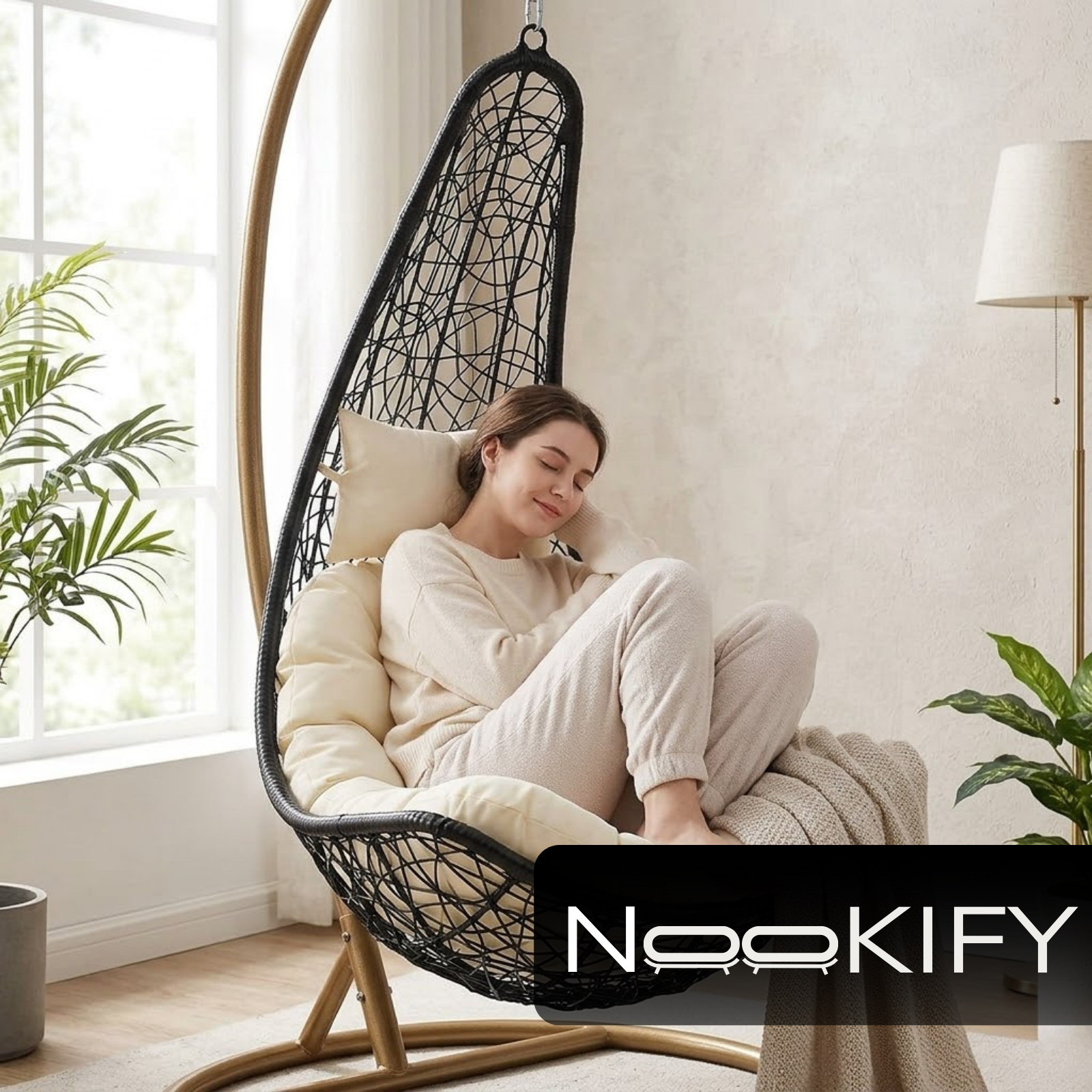 Iron Frame L-Shaped Swing Chair With Stand