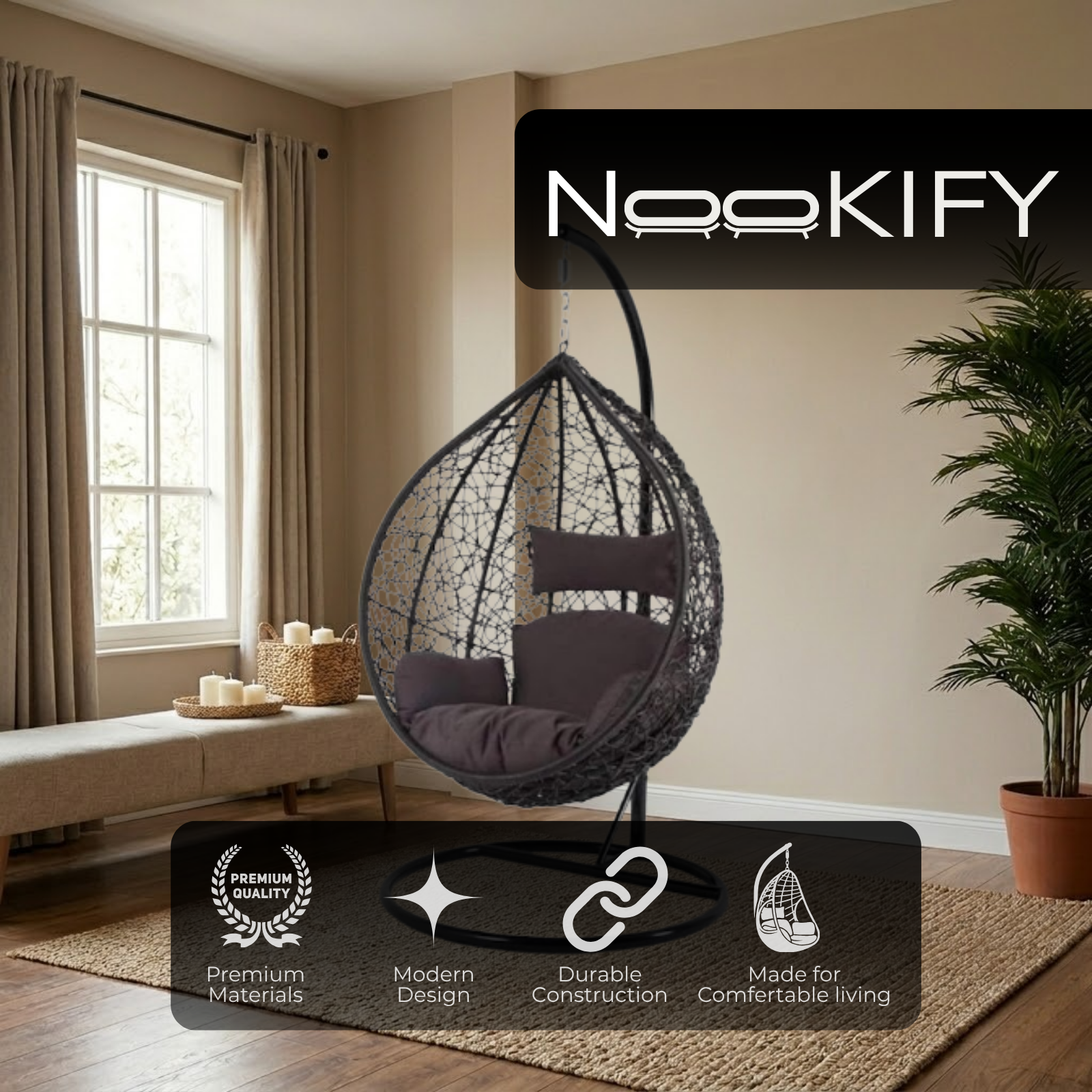 Iron Frame Oval-Shaped Swing Chair with Stand