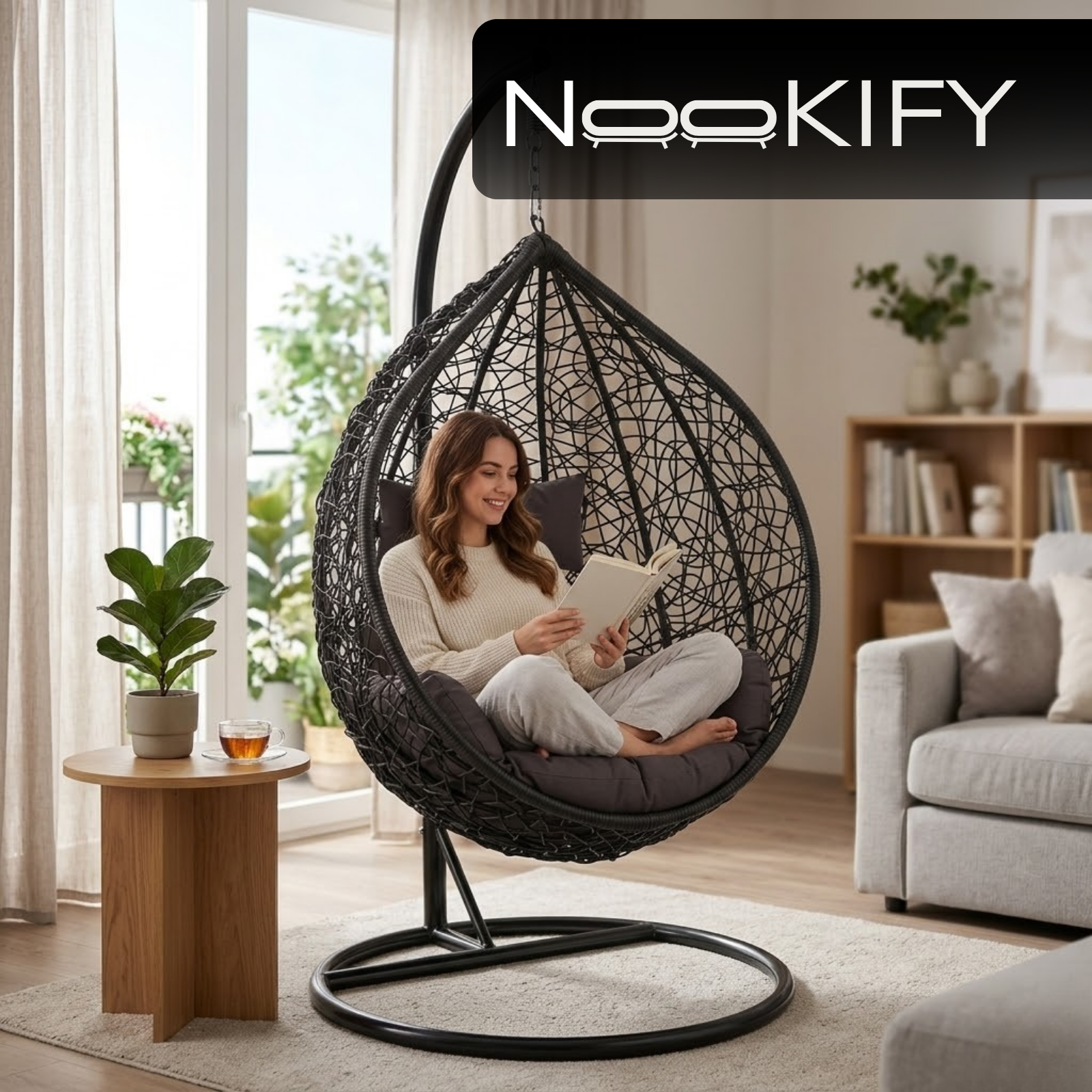 Iron Frame Oval-Shaped Swing Chair with Stand