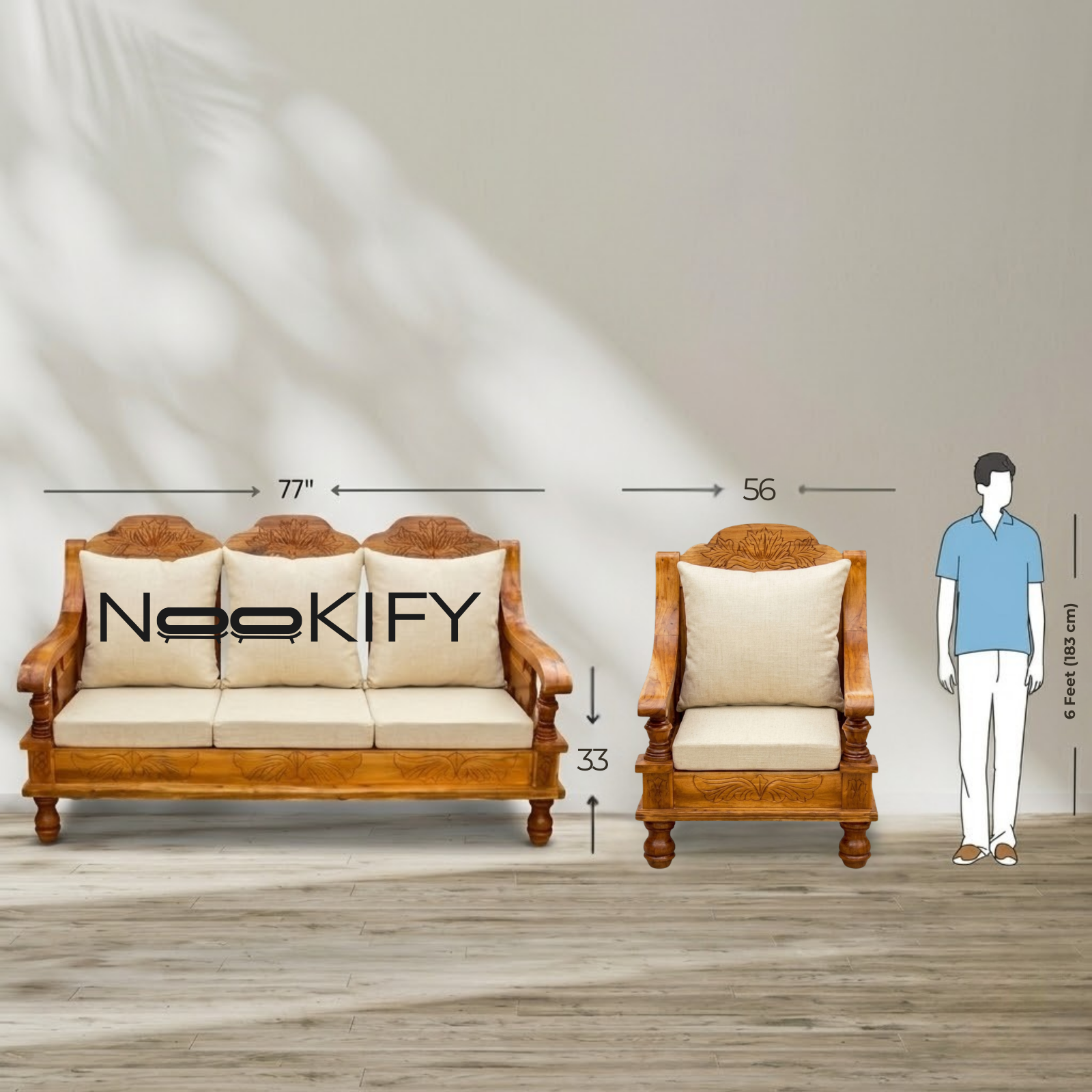Nookify Acacia wood Carved 5 Seater Teak Finish sofa set