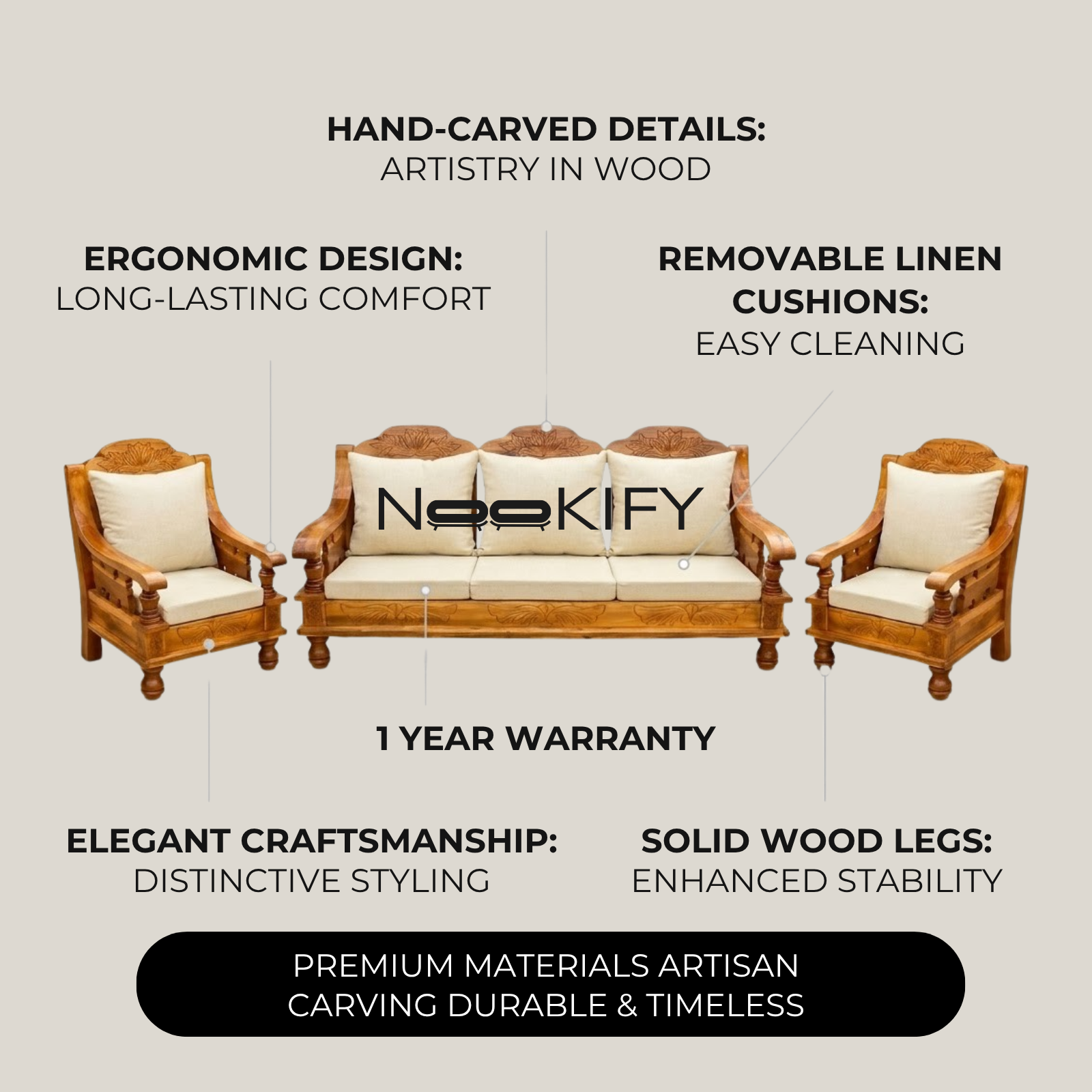 Nookify Acacia wood Carved 5 Seater Teak Finish sofa set